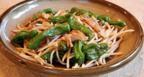 Fried Shoyu Koji Pork with Shishito Peppers and Bean Sprouts